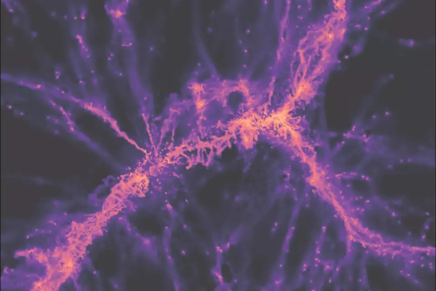 A supercomputer's simulation of the cosmic web filament, flowing with gas and feeding galaxy formation.
