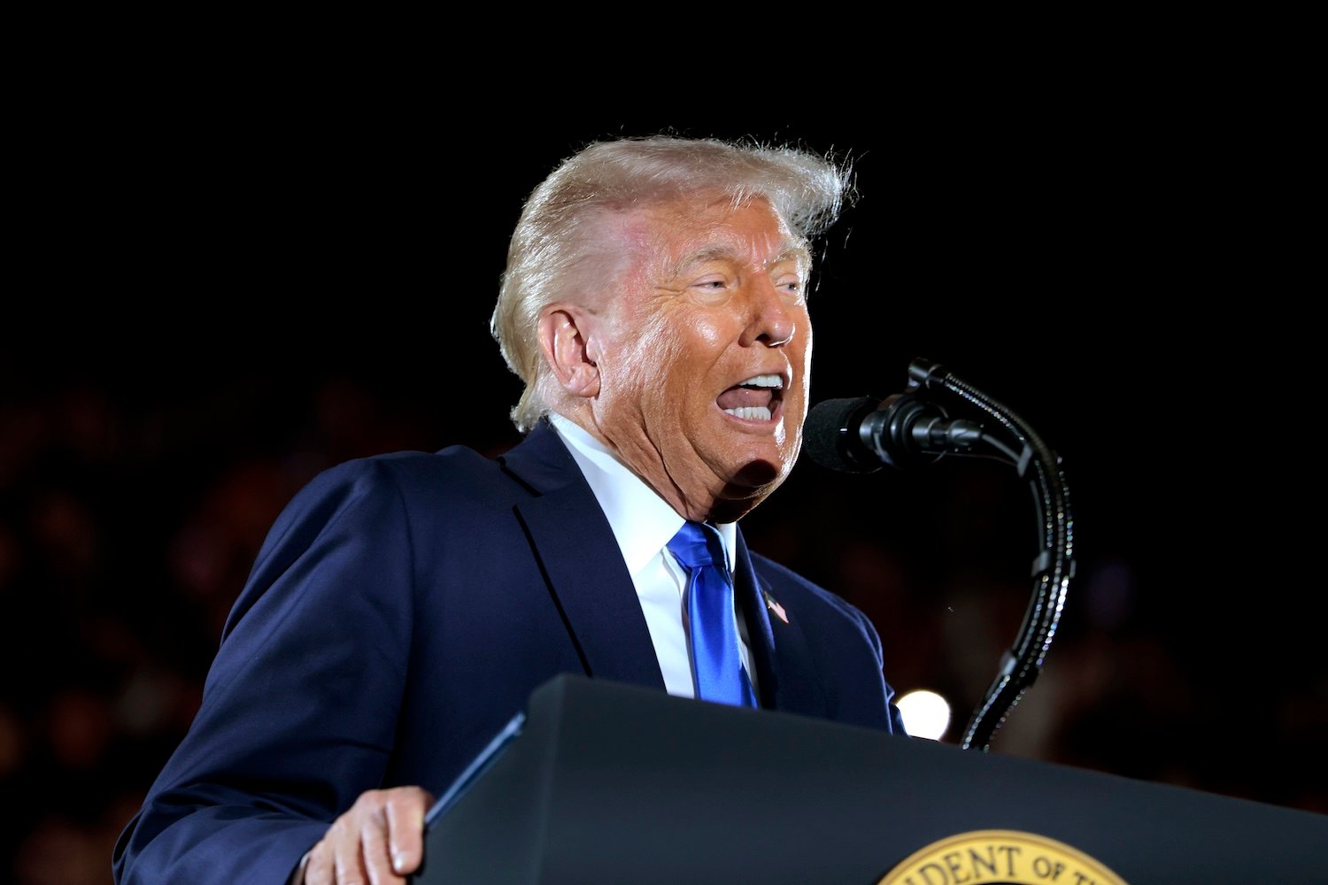 President Donald Trump delivers remarks to graduating students at the Coleman Coliseum at the University of Alabama on May 1, 2025 in Tuscaloosa, Alabama.