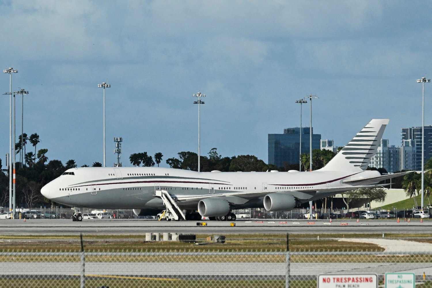 In this photo from February 15, 2025 a Boeing 747 sits on the tarmac of Palm Beach International airport after US President Donald Trump toured the aircraft on February 15, 2025.