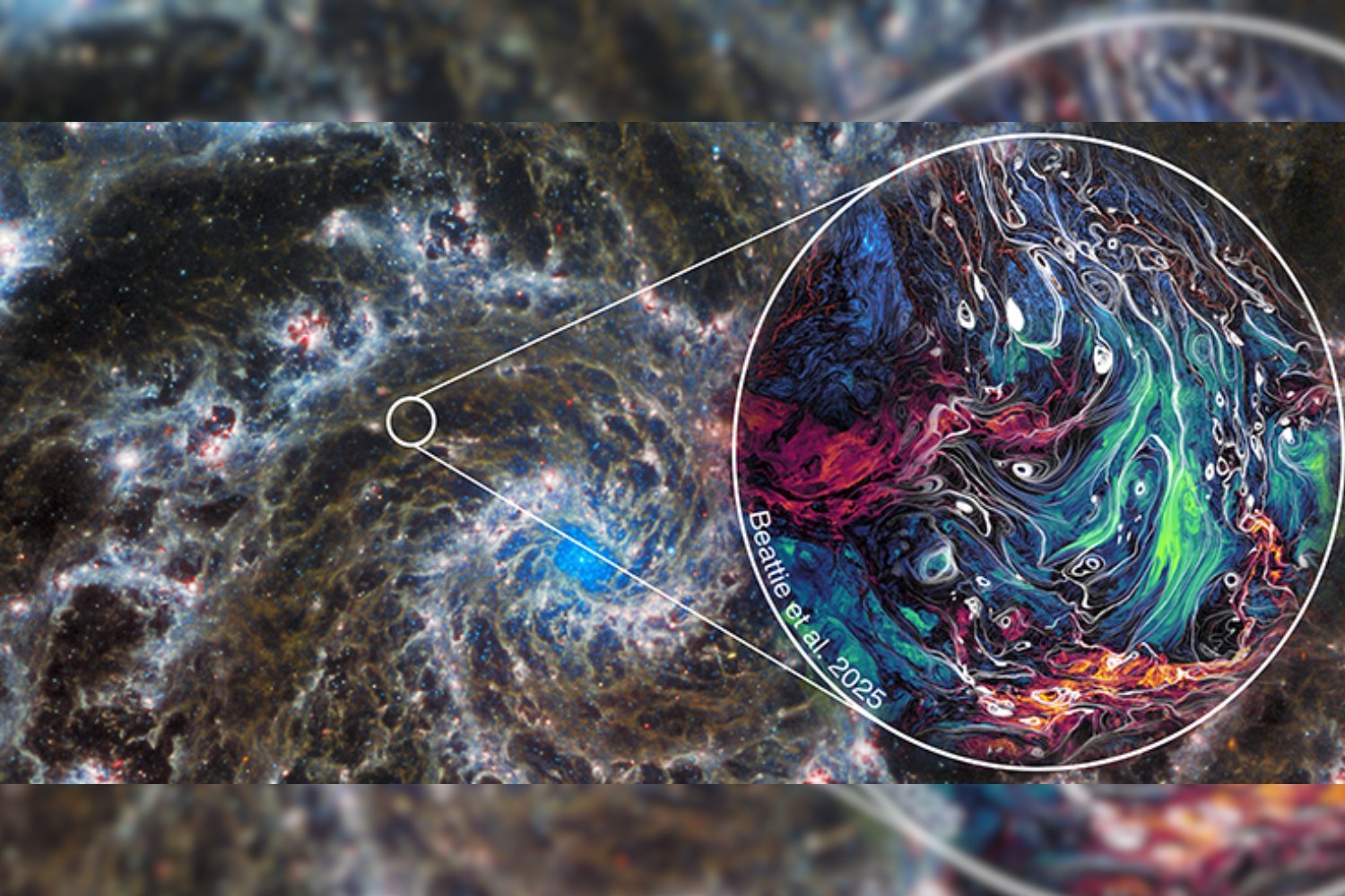 The Phantom Galaxy (background) and a simulation of its turbulence.
