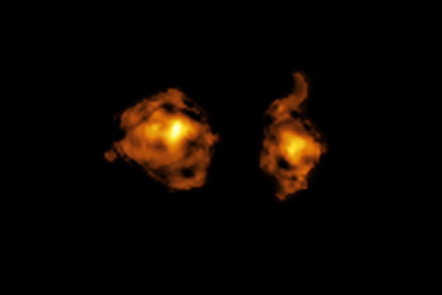 An ALMA image of the galaxies, the one on the right hosting a quasar.