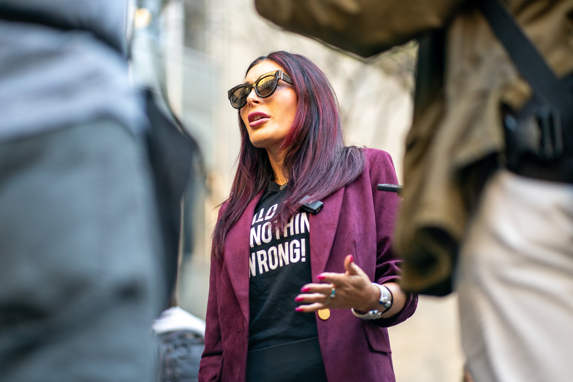 Far-right activist Laura Loomer speaks to the media prior to the beginning of former President Donald Trump's Trial