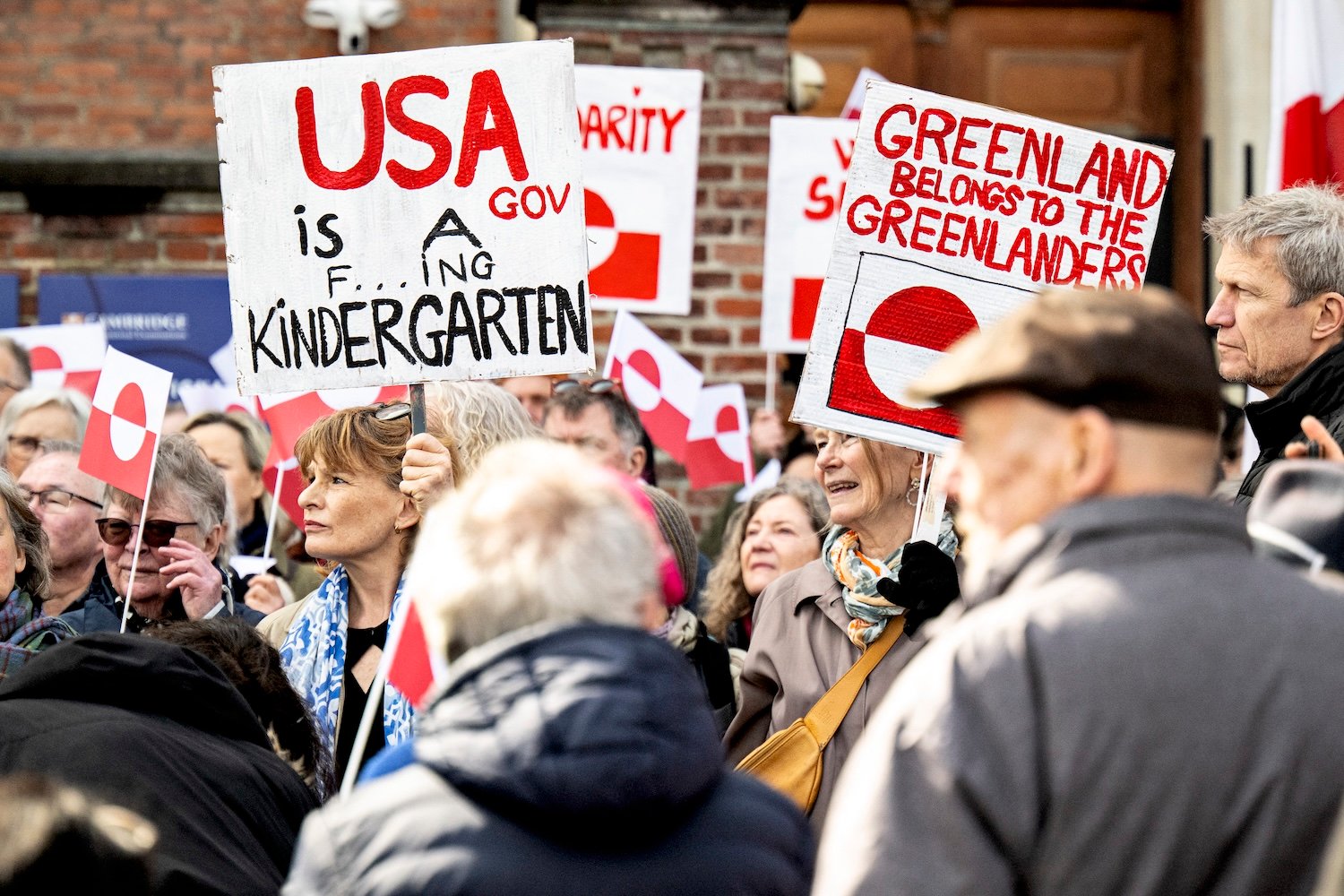 People protest against the American pressure taking place against Greenland and Denmark, in front of the American Embassy in Copenhagen on March 29, 2025.