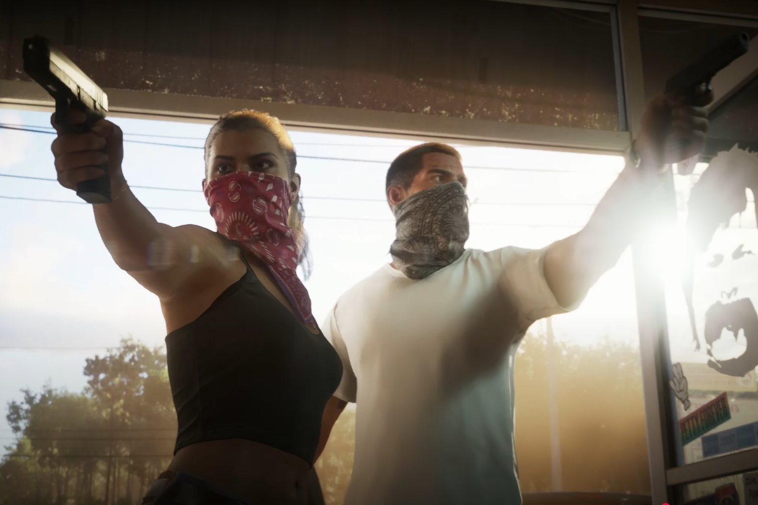 GTA VI scene with two people holding guns. GTA VI was delayed until 2026.