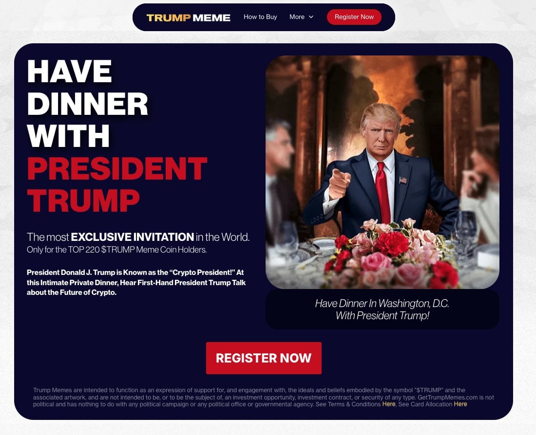 Screenshot from President Donald Trump's $TRUMP crypto website.