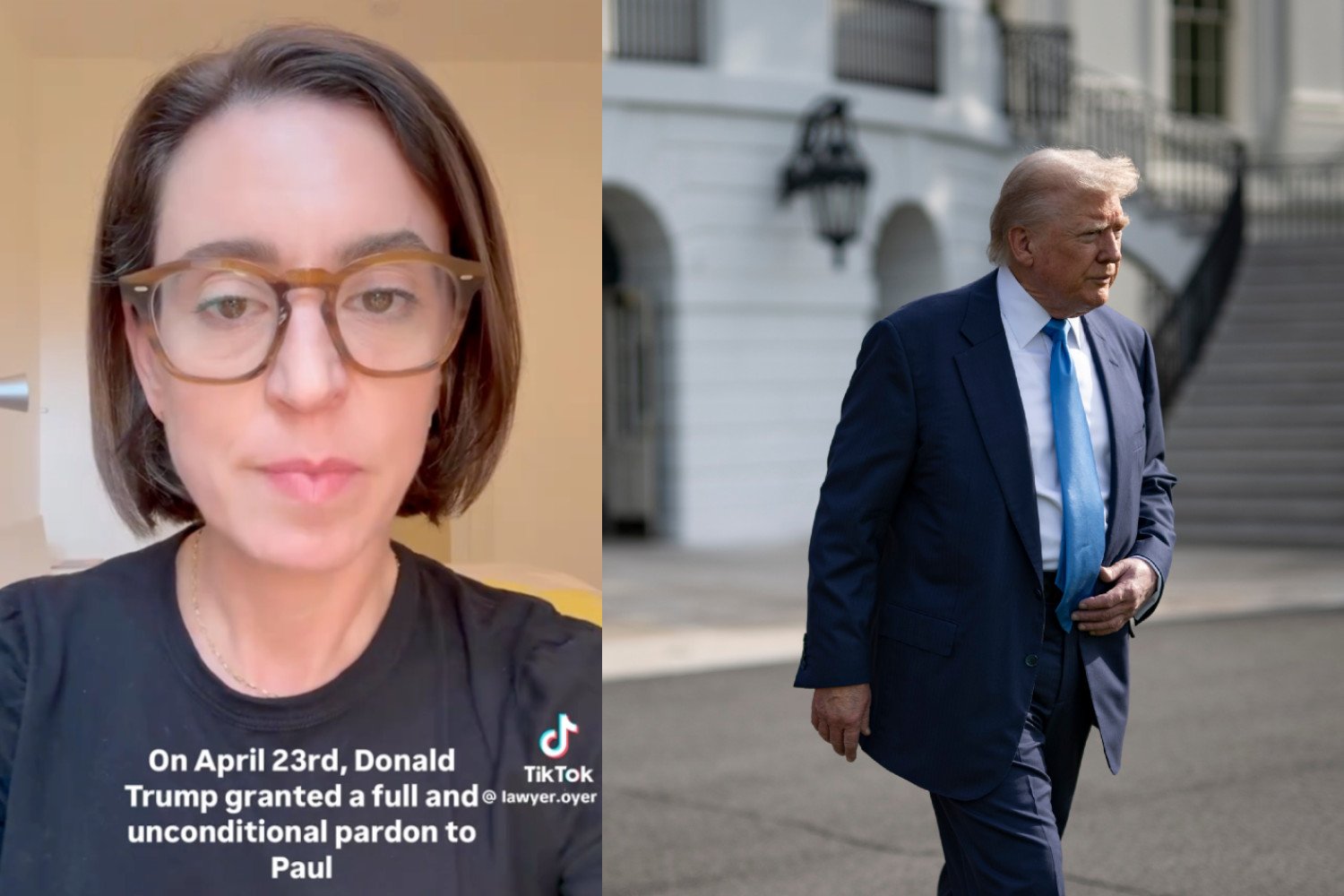 Liz Oyer in a TikTok video from May 5, 2025 (left) and Donald Trump before boarding Marine One on the South Lawn of the White House on April 25, 2025.