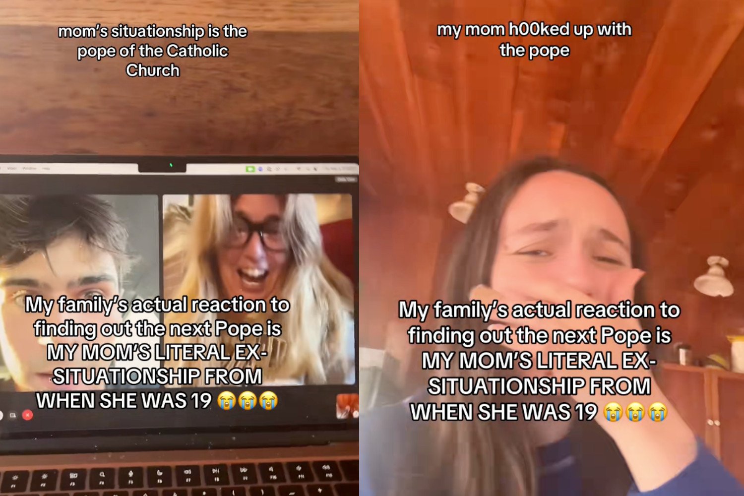 Screenshots from a video by Louisa Melcher claiming her mom hooked up with Pope Leo XIV when they were younger.