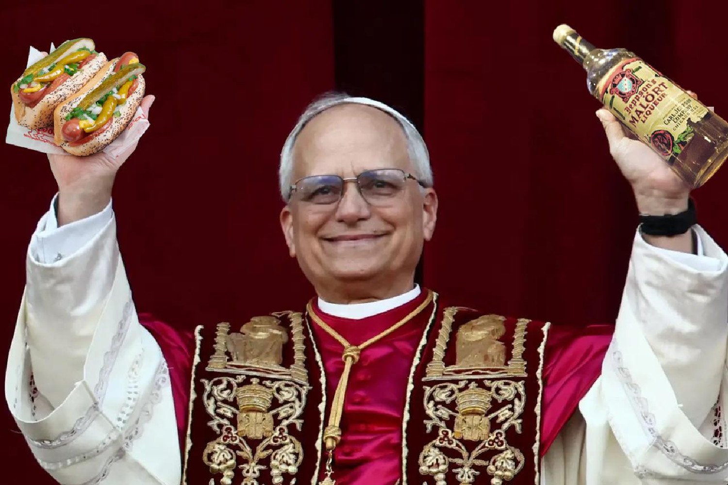 Robert Prevost, newly elected as Pope Leo XIV, photoshopped holding two Chicago icons, the Chicago-style hot dog and the liquer Malort.