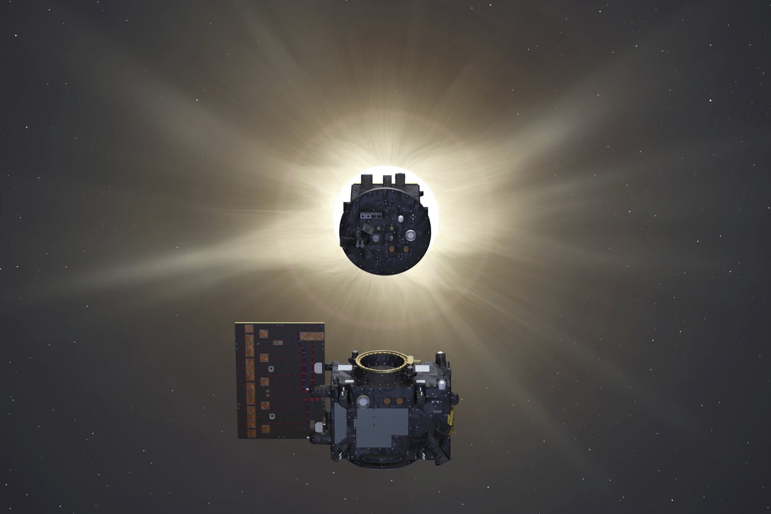 An artist's concept of Proba-3 eclipsing the Sun.
