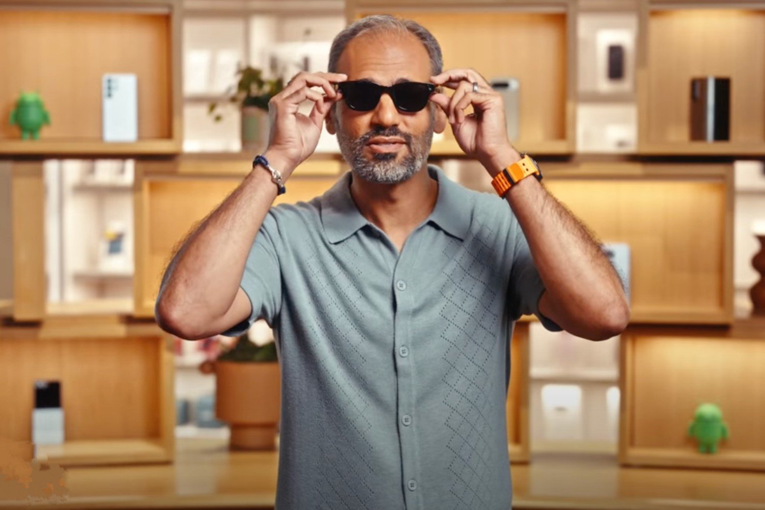 Sameer Samat from Google wearing smart glasses