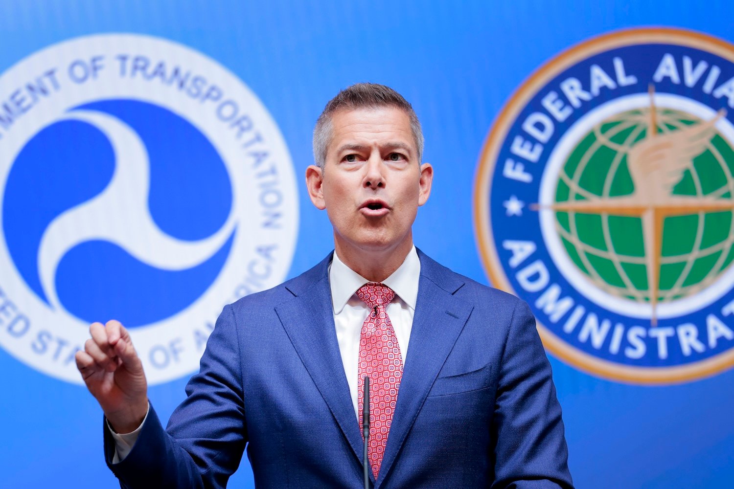 U.S. Transportation Secretary Sean Duffy speaks to reporters during a news conference on Newark Liberty International Airport at the Department of Transportation Headquarters on May 12, 2025 in Washington, DC.