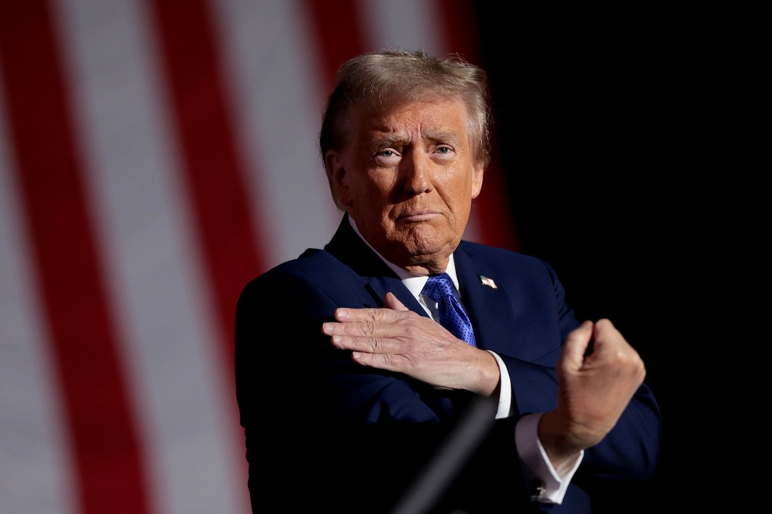 Donald Trump gestures after speaking at a campaign rally on October 19, 2024, in Latrobe, Pennsylvania.